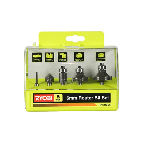 RYOBI - Pack RYOBI - Affleureuse à  bois - RTR18-0 - 18V One+ - Sans batterie ni chargeur - Coffret 5 fraises panachées RAKRBS5 - Queue de diamètre 6mm - large