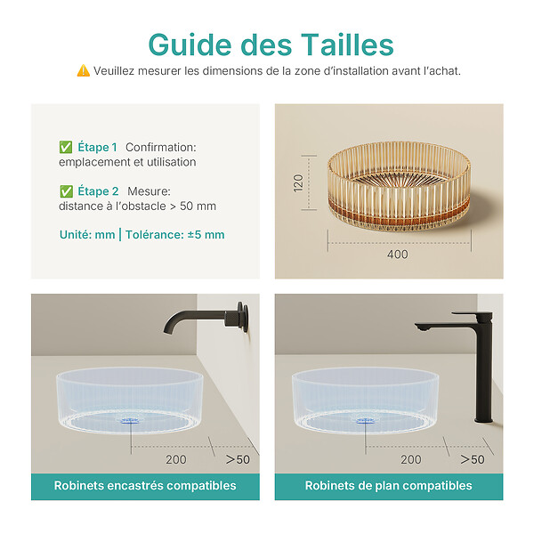 EMKE - EMKE Vasque à Poser en Verre Cristal 400 × 400 ×120 mm, Rond, Lavabo en Verre Or Rose - large