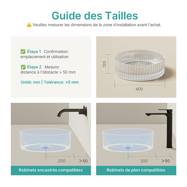 EMKE - EMKE Vasque à Poser en Verre Cristal 400 × 400 ×120 mm, Rond, Lavabo en Verre Transparent - large