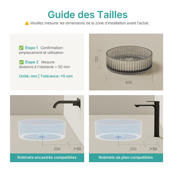 EMKE - EMKE Vasque à Poser en Verre Cristal 400 × 400 ×120 mm, Rond, Lavabo en Verre Transparent Gris - large