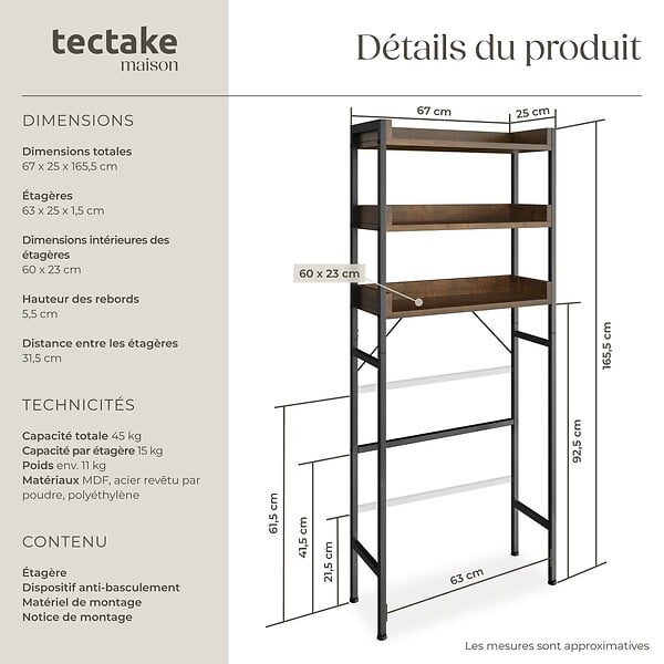 TECTAKE - Étagère de salle de bain Seattle Bois foncé industriel, rustique - large