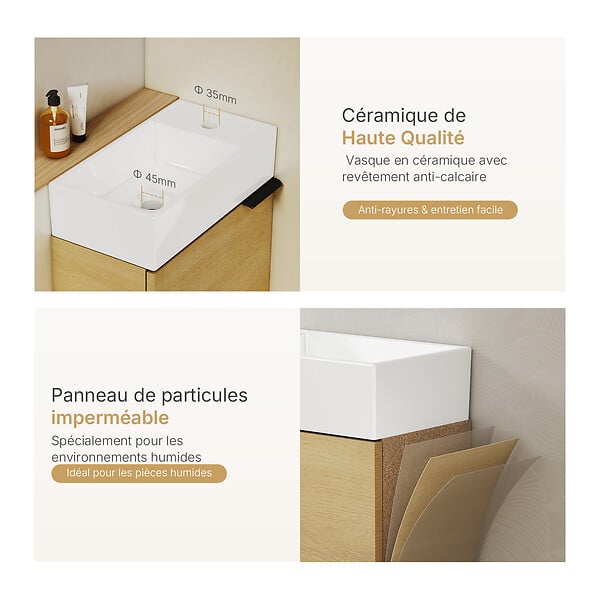EMKE - EMKE Meuble de Salle de Bain Suspendu avec Vasque en Céramique, Meuble Vasque Bois Naturel 417x240x646 mm pour Salle de Bains & WC - large