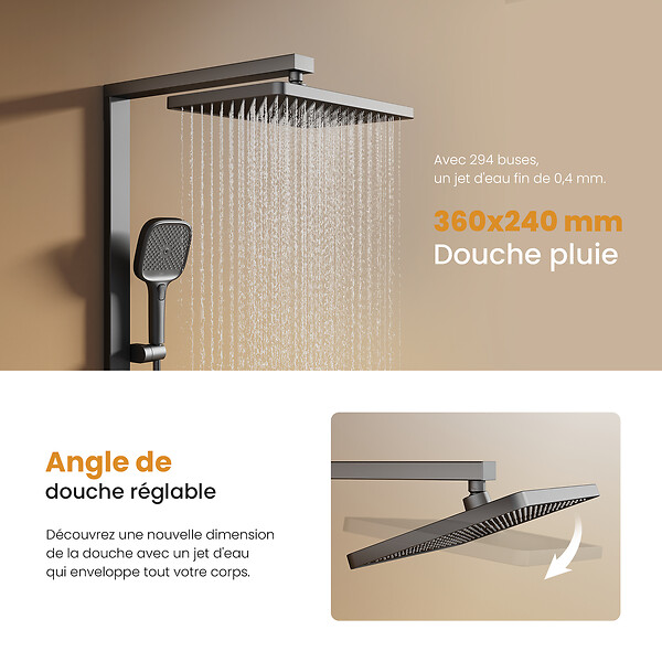 EMKE - EMKE Colonne de douche Gris Anthracite avec plaque de 40 cm, douche à effet pluie de 36 cm, douchette à main avec 4  in 1 jets Système de douche - large