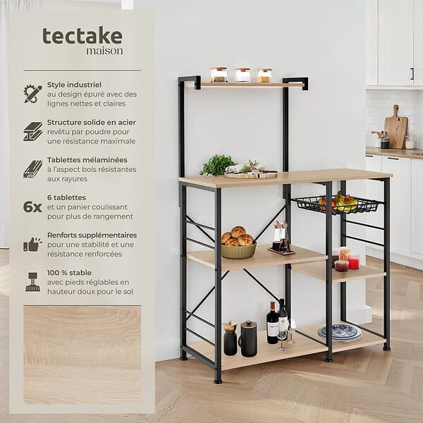 TECTAKE - Etagère de cuisine Crawley réglable en hauteur 90x40x131,5cm  Bois clair industriel, Chêne Sonoma - large