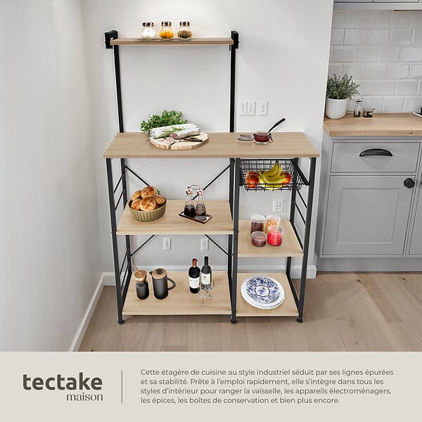 TECTAKE - Etagère de cuisine Crawley réglable en hauteur 90x40x131,5cm  Bois clair industriel, Chêne Sonoma - large