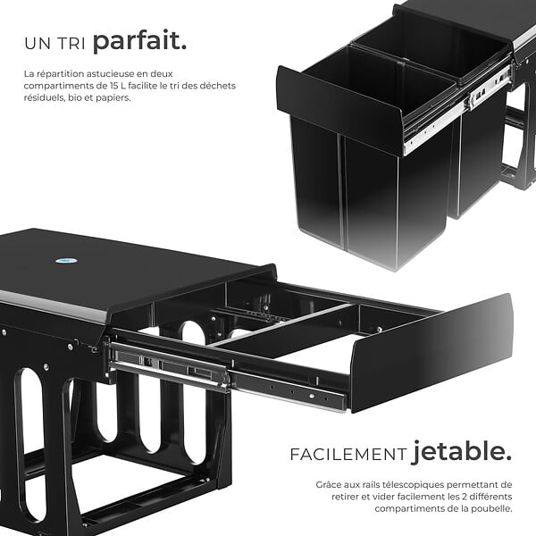 TECTAKE - Poubelle tri en plastique noir 2 bacs spacieux avec rails télescopiques 35x48x35 cm - large