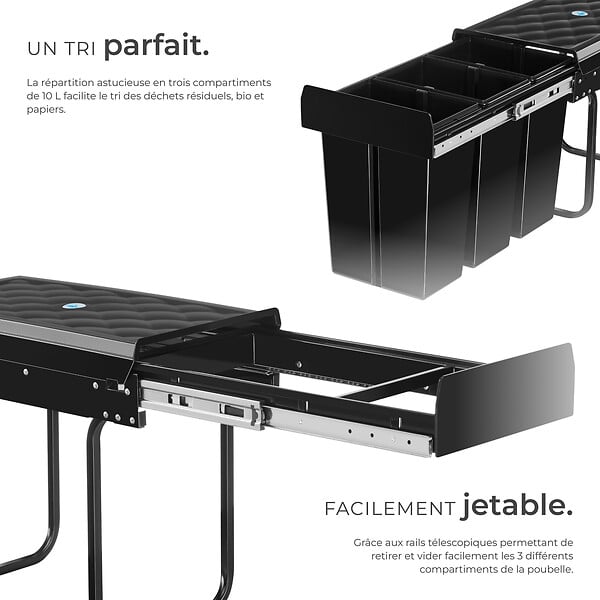 TECTAKE - Poubelle de tri  ASHLYN 30 L avec 3 compartiments noir - large