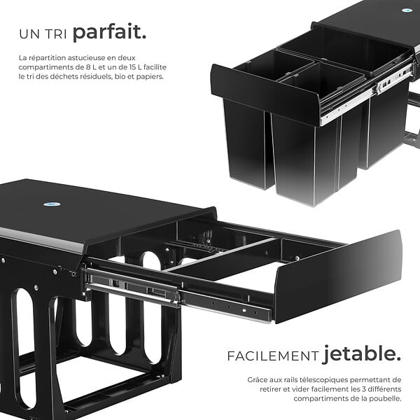 TECTAKE - Poubelle de tri ASHLYN 31 L avec 3 compartiments noir - large
