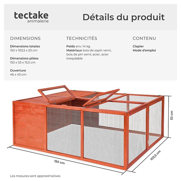 TECTAKE - Clapier MURPHY pliable avec toit ouvrant marron - large