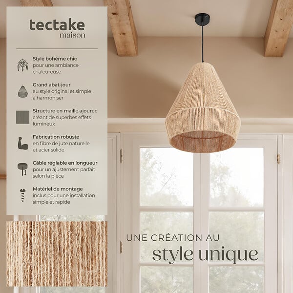 TECTAKE - Suspension SURI en jute au style bohème 40W marron naturel - large