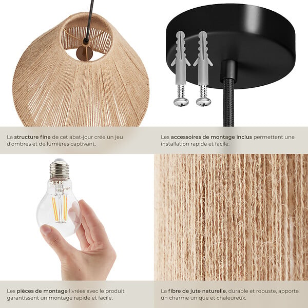 TECTAKE - Suspension SURI en jute au style bohème 40W marron naturel - large