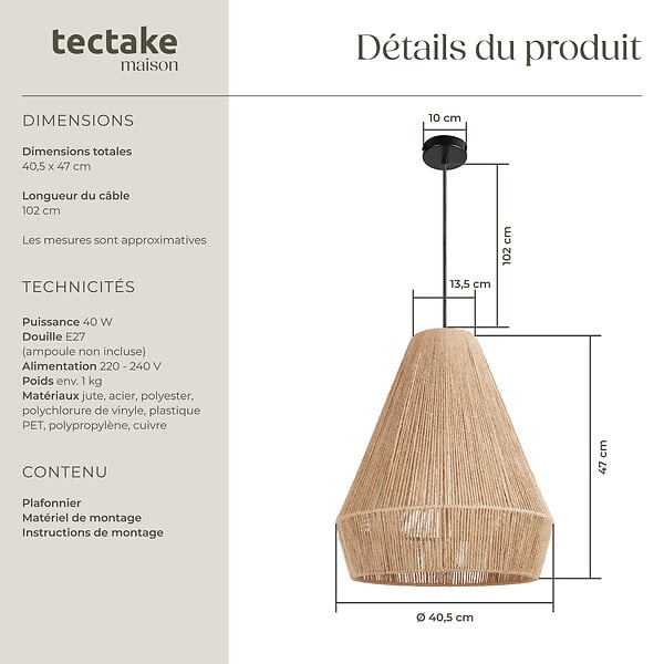 TECTAKE - Suspension SURI en jute au style bohème 40W marron naturel - large