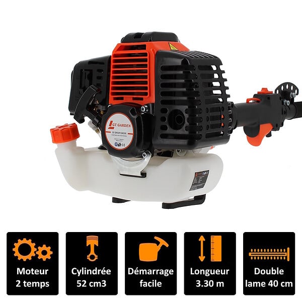 GT GARDEN - Taille-haies thermique sur perche, 52 cm3, 3 CV, longueur 3.30 mètres - large