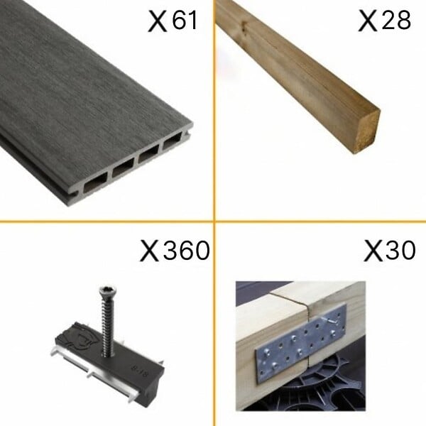 DECKLINEA - Kit Terrasse Composite NAVIA 20m² - Gris Foncé - 61 lames de terrasse (220 x 14.5 x 2.2 cm) - Fixation par Clips - Terrasse Livraison Rapide - large