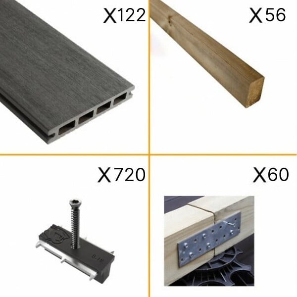 DECKLINEA - Kit Terrasse Composite NAVIA 40m² - Gris Foncé - 122 lames de terrasse (220 x 14.5 x 2.2 cm) - Fixation par Clips - Terrasse Livraison Rapide - large
