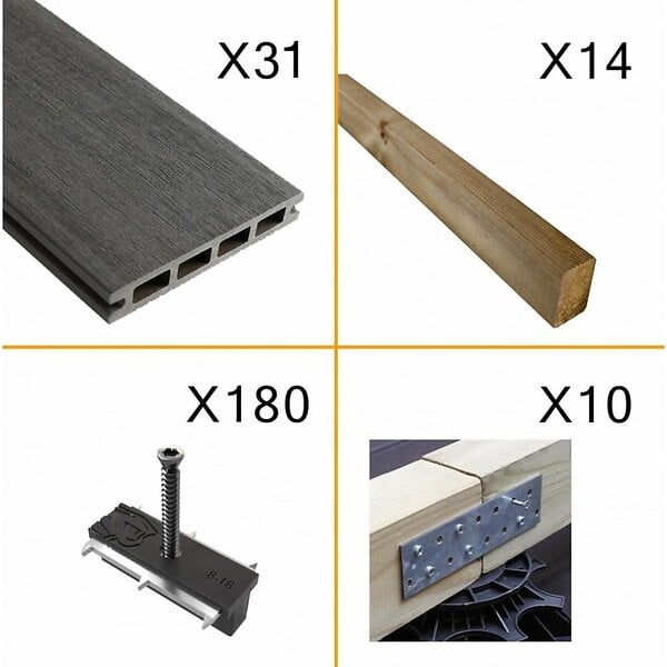 DECKLINEA - Kit Terrasse Composite NAVIA 10m² - Gris Foncé - 31 Lames de Terrasse (220 x 14.5 x 2.2 cm) - Fixation par Clips - Terrasse Livraison Rapide - large