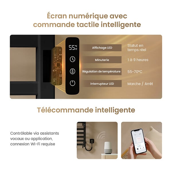 EMKE - EMKE Chauffe-serviettes Électrique 100×50cm, Thermostat Intelligent WiFi, Radiateur de Salle de Bain Électrique, Chauffe-serviettes Électrique, Noir - large