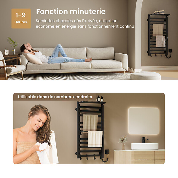 EMKE - EMKE Chauffe-serviettes Électrique 100×50cm, Thermostat Intelligent WiFi, Radiateur de Salle de Bain Électrique, Chauffe-serviettes Électrique, Noir - large