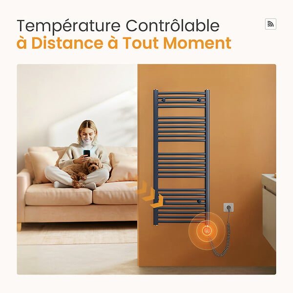 EMKE - EMKE Sèche-Serviettes électrique avec WiFi Thermostat, 1400x 600 mm, Radiateur seche Serviette Electrique Salle de Bain, Anthracite, 600W - large