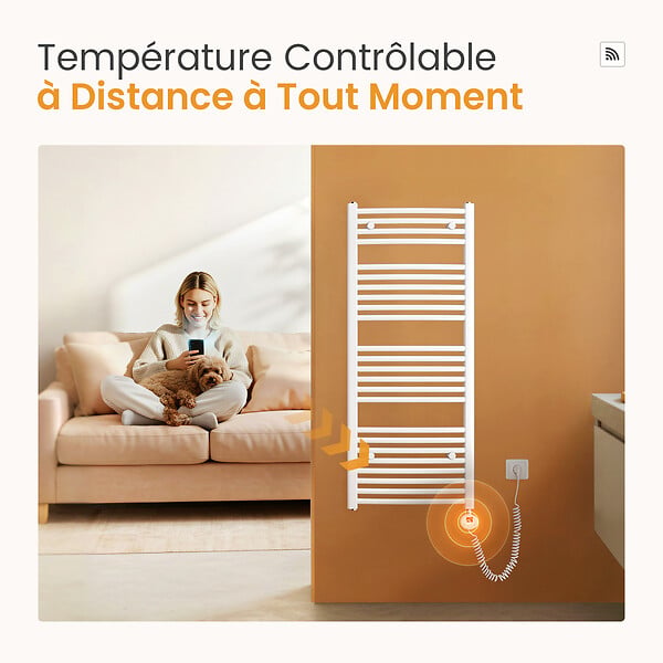 EMKE - EMKE Sèche-Serviettes électrique avec WiFi Thermostat, 750x 400 mm, Radiateur seche Serviette Electrique Salle de Bain, Blanc, 300W - large