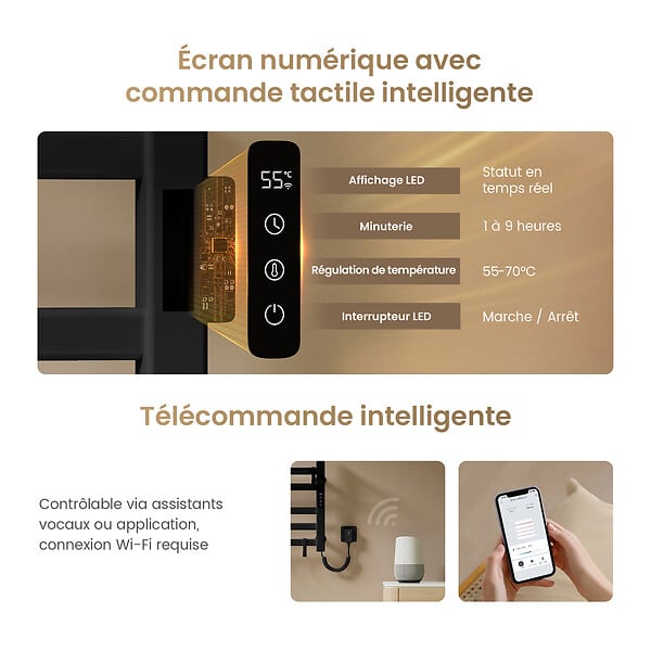 EMKE - EMKE Chauffe-serviettes Électrique 50×50cm, Thermostat Intelligent WiFi, Radiateur de Salle de Bain Électrique, Chauffe-serviettes Électrique, Noir - large