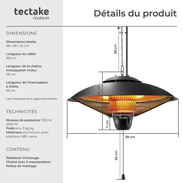 TECTAKE - Radiateur infrarouge Solaris Orbit 2500W, boîtier en aluminium noir - large