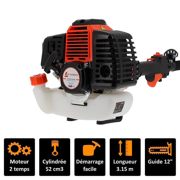 GT GARDEN - Élagueuse thermique sur perche, 52 cm3, 3 CV, longueur 3.15 mètres - large