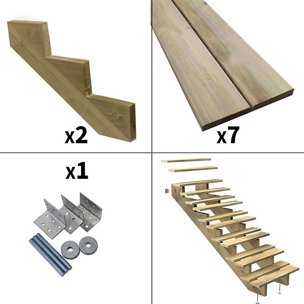 DECKLINEA - Escalier Bois Exterieur - 7 Marches - Largeur = 80cm - Marches découpables - Sans Contremarches - Pin du Nord - Traité Autoclave - large
