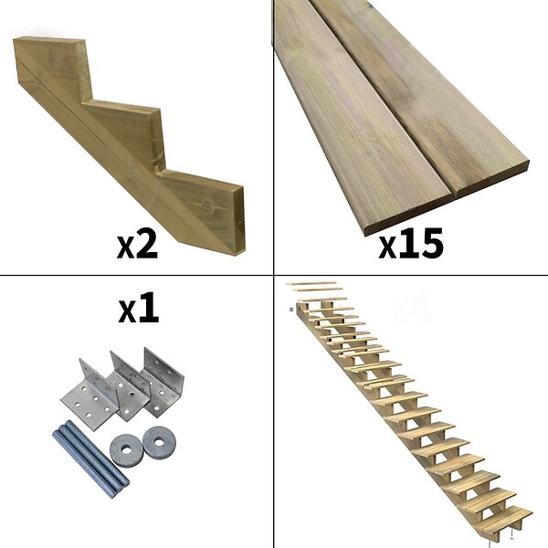 DECKLINEA - Escalier Bois Exterieur - 15 Marches - Largeur = 80cm - Marches découpables - Sans Contremarches - Pin du Nord - Traité Autoclave - large