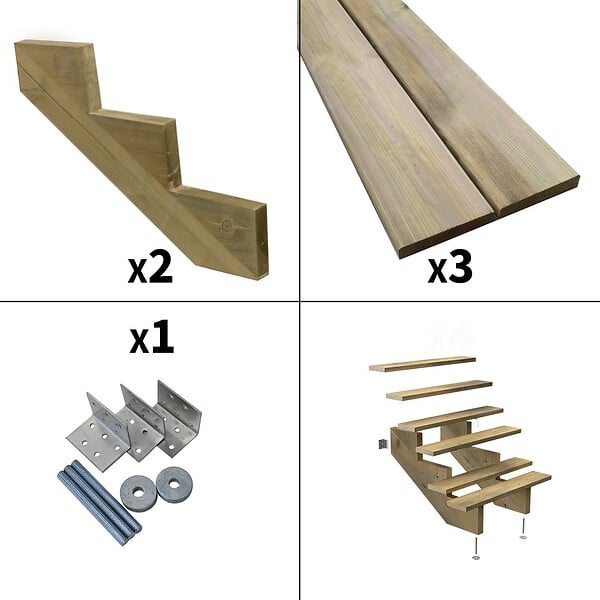 DECKLINEA - Escalier Bois Exterieur - 3 Marches - Largeur = 80cm - Marches découpables - Sans Contremarches - Pin du Nord - Traité Autoclave - large