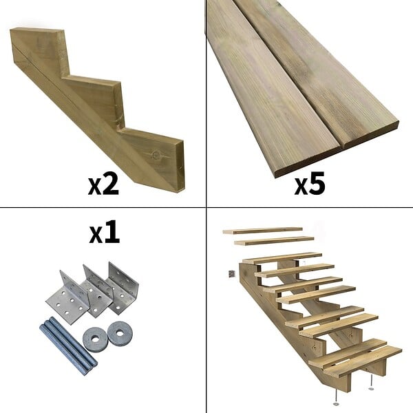 DECKLINEA - Escalier Bois Exterieur - 5 Marches - Largeur = 80cm - Marches découpables - Sans Contremarches - Pin du Nord - Traité Autoclave - large