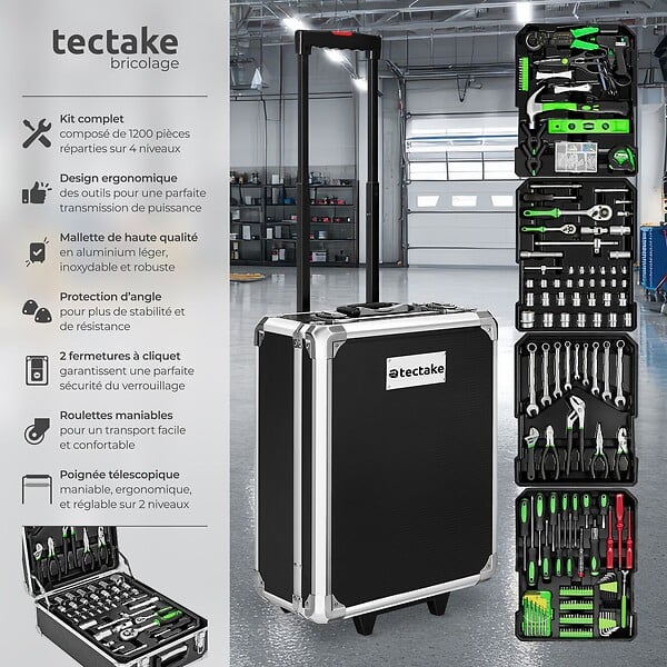 TECTAKE - 1200 Pièces coffre à outils en aluminium noir valise roulettes 4 niveaux fermetures à pression serrures - large