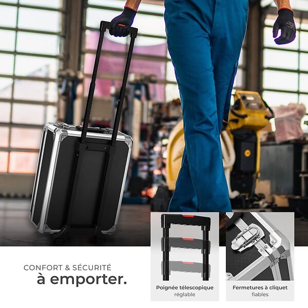 TECTAKE - 1200 Pièces coffre à outils en aluminium noir valise roulettes 4 niveaux fermetures à pression serrures - large