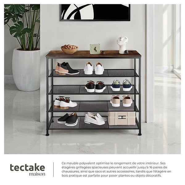TECTAKE - Étagère à chaussures SHEFFIELD 100x30,5x93cm Bois foncé industriel, rustique - large