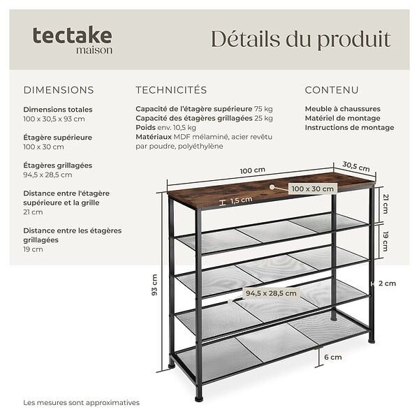 TECTAKE - Étagère à chaussures SHEFFIELD 100x30,5x93cm Bois foncé industriel, rustique - large