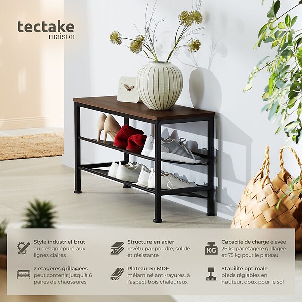 TECTAKE - Étagère à chaussures DERRY 75,5x30,5x45,5cm Bois foncé industriel, rustique - large