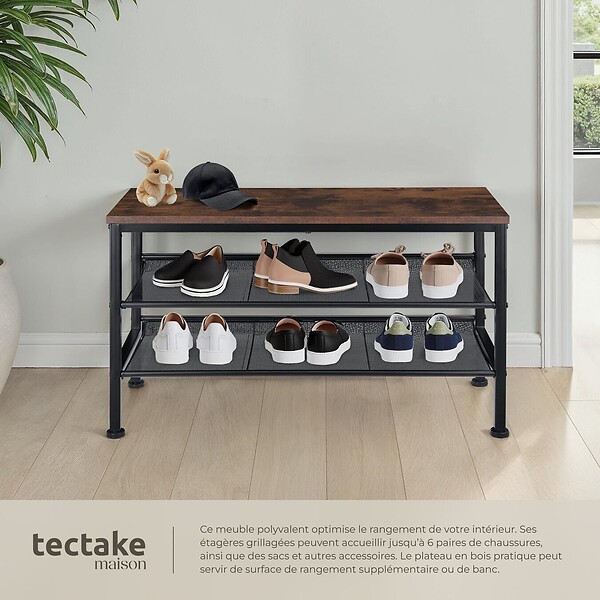 TECTAKE - Étagère à chaussures DERRY 75,5x30,5x45,5cm Bois foncé industriel, rustique - large