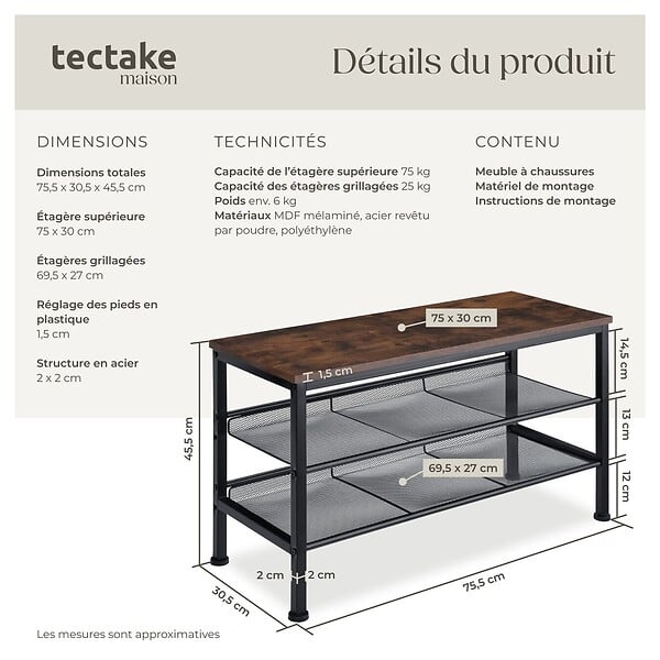 TECTAKE - Étagère à chaussures DERRY 75,5x30,5x45,5cm Bois foncé industriel, rustique - large