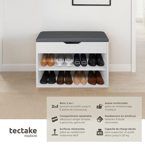 TECTAKE - Banc à chaussures JASMINA avec coussin d'assise 60x30x43,5cm blanc - large