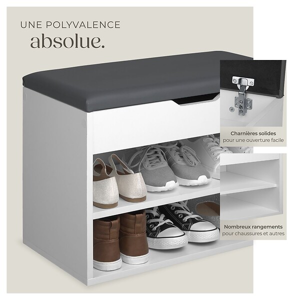 TECTAKE - Banc à chaussures JASMINA avec coussin d'assise 60x30x43,5cm blanc - large