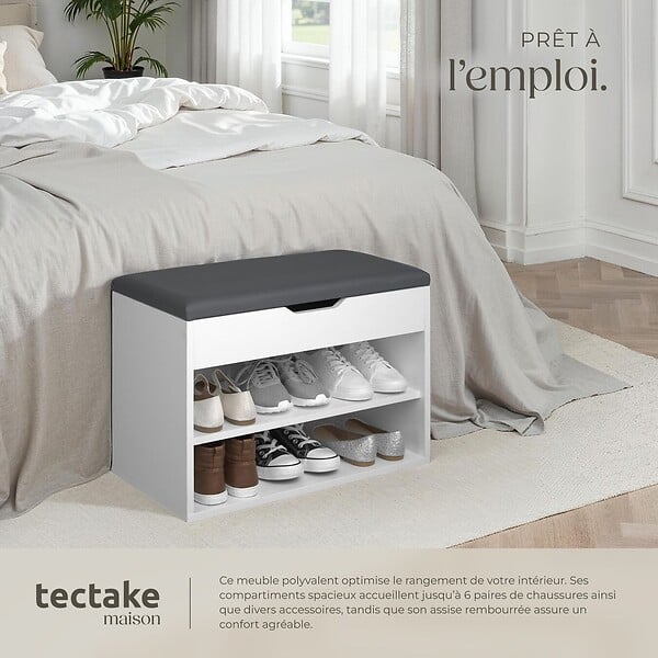 TECTAKE - Banc à chaussures JASMINA avec coussin d'assise 60x30x43,5cm blanc - large