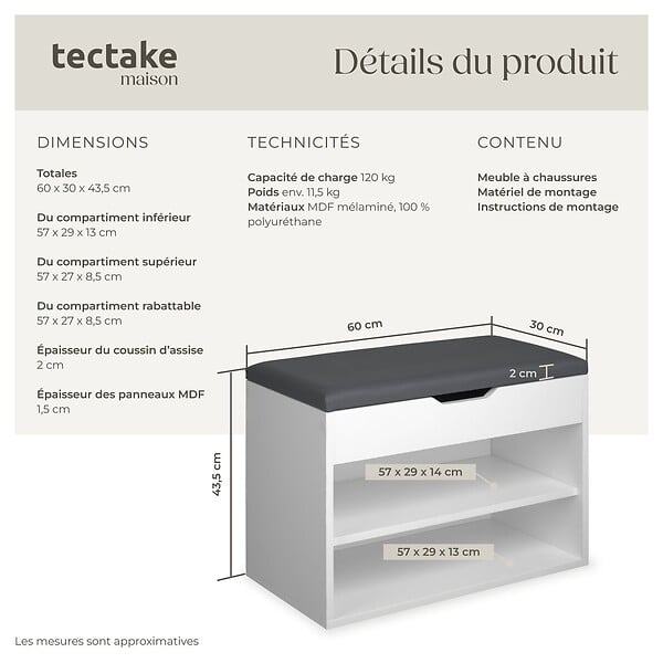 TECTAKE - Banc à chaussures JASMINA avec coussin d'assise 60x30x43,5cm blanc - large
