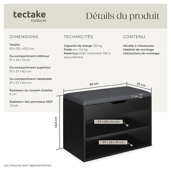 TECTAKE - Banc à chaussures JASMINA avec coussin d'assise 60x30x43,5cm noir - large