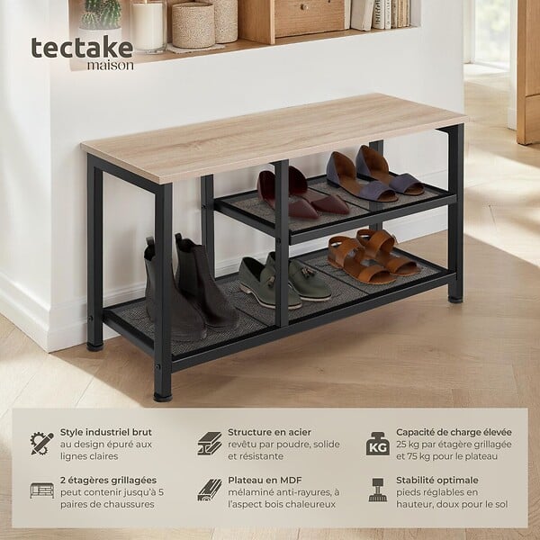 TECTAKE - Étagère à chaussures TAUNTON 80x30x45,5cm Bois clair industriel, Chêne Sonoma - large