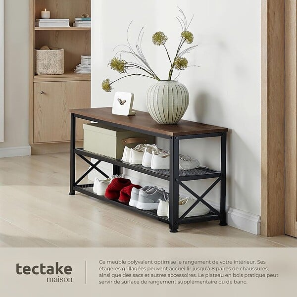 TECTAKE - Étagère à chaussures BLACKPOOL  101x30,5x45,5cm Bois foncé industriel, rustique - large