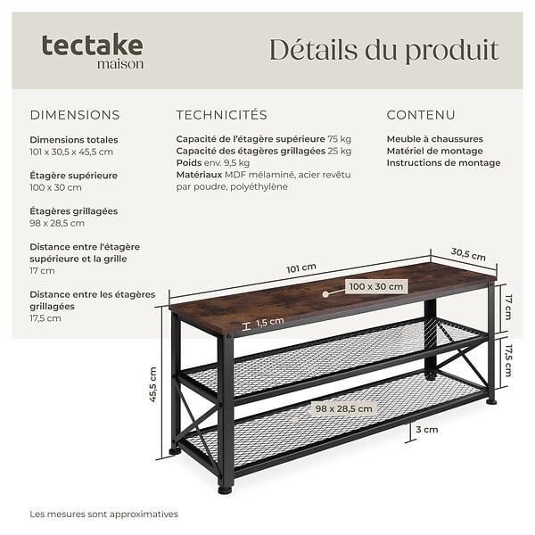 TECTAKE - Étagère à chaussures BLACKPOOL  101x30,5x45,5cm Bois foncé industriel, rustique - large