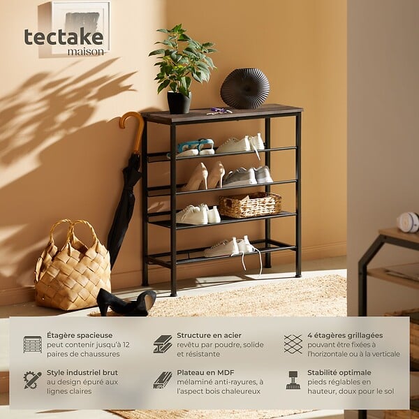 TECTAKE - Étagère à chaussures BOURNEMOUTH 75,5x30,5x85,5cm Bois foncé industriel, rustique - large