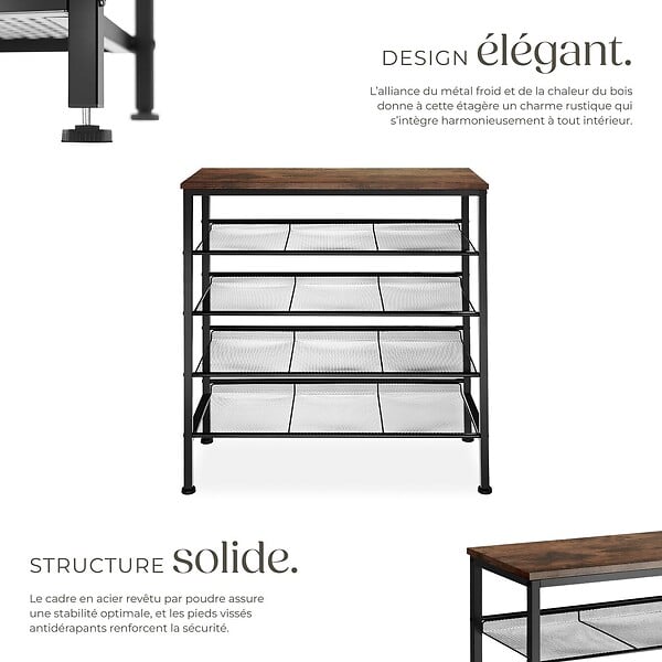 TECTAKE - Étagère à chaussures BOURNEMOUTH 75,5x30,5x85,5cm Bois foncé industriel, rustique - large