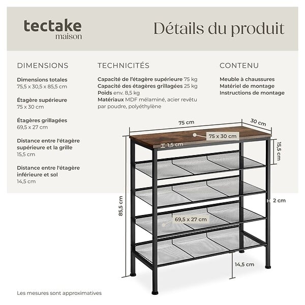 TECTAKE - Étagère à chaussures BOURNEMOUTH 75,5x30,5x85,5cm Bois foncé industriel, rustique - large