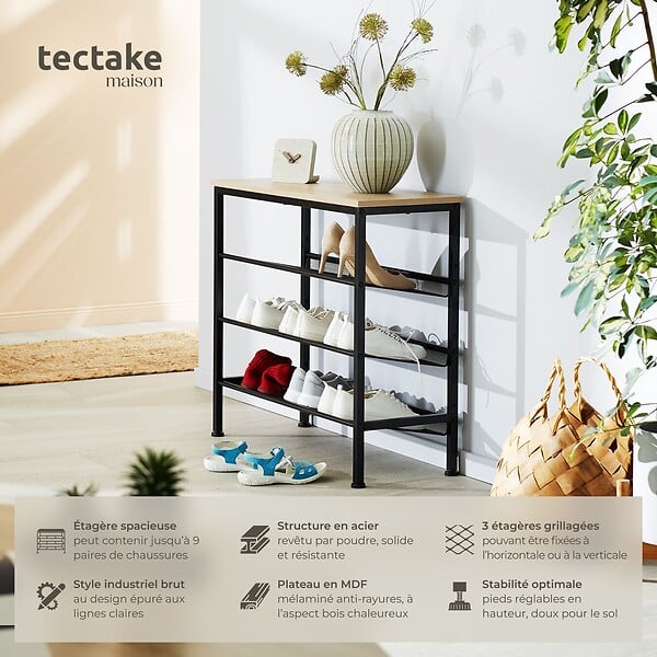 TECTAKE - Étagère à chaussures WOLVERHAMPTON 75,5x30,5x69,5cm Bois clair industriel, Chêne Sonoma - large